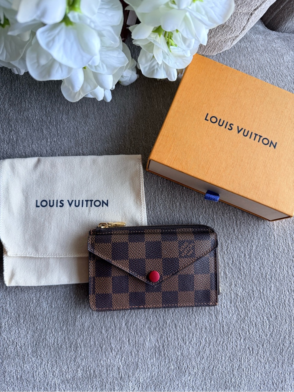 Louis Vuitton Damier Ebene Recto Verso Compact Card Case Wallet with Red Snap